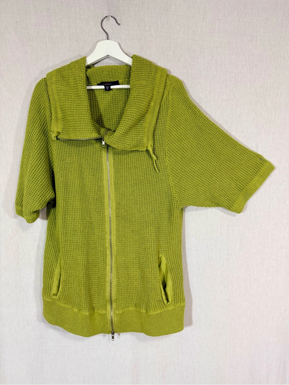Fever XL Olive Green Zip-Front Short Sleeve Knit Sweater